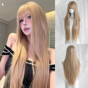 28인치 롱 여성용 가발 - 하이 레이어드 베이지 앞머리 가발, 고밀도 내열 합성 섬유 가발, K-팝 뮤직 페스티벌 파티 크리스마스 가발