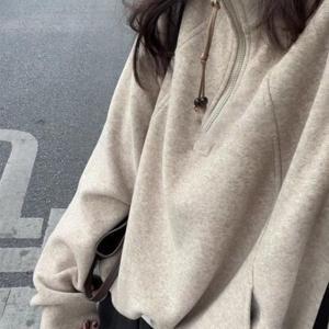 여성 솔리드 지퍼 드로스트링 후드티 & 캐주얼 긴소매 포켓 풀오버