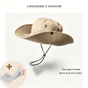 신상 여름 패션 하이킹 및 낚시용 모자 2개 세트, 서부 선햇 + 팔토시, 두 가지 스타일이 하나된 모자, 여름 아웃도어 서부 모자 세트, 얼굴 전체를 가리는 넓은 챙, 조임끈