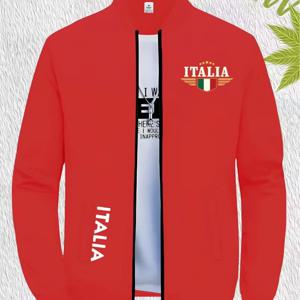 남성용 개별 프린트 폴로넥 지퍼업 재킷, 이탈리아 스탬프 및 ITALIA 텍스트 열전사 공예, 레귤러 핏 포켓, 어반 스트리트웨어, 캐주얼 웨어에 적합, 스티칭, 간편한 패션 프린트 지퍼업 탑 코트