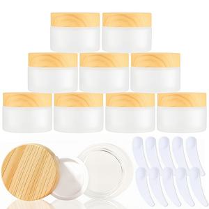 10개 프로스트 유리 병 (우드 그레인 뚜껑 포함) 및 10개 화장품 스푼, 0.51Oz/1.01Oz/1.7Oz/2.03Oz - 크림, 바디 로션, 모이스처라이저 및 아이섀도우 리필용 화장품 용기