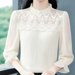 프렌치 스타일 레이스 칼라 여성 셔츠, 2026년 봄/여름 신상 디자인, 긴소매 레이스 홀아웃 자수 패치워크 상의