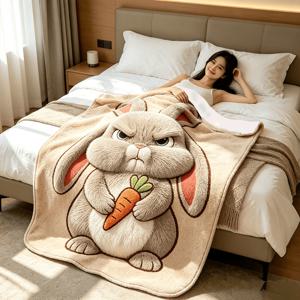 1개 재미있는 화난 네 귀 토끼와 당근 담요 - 초극세사 플란넬 플리스 담요, 소파 침대 사무실 캠핑용, 아늑하고 따뜻한 토끼 낮잠 담요, 십대 성인용, 귀여운 애니메이션 선물, 손세탁 가능 - 장식용