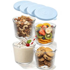 4/6개입 소형 덮개 유리 볼, 6.8 Oz, 투명 골지 유리 용기, 쌓을 수 있음, 디저트, 푸딩, 소스, 샐러드, 견과류, 오트밀, 사탕, 스위트, 시리얼 등에 적합