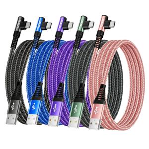 직각 USB to USB C 케이블 5개, 나일론 브레이디드 꼬임 방지 디자인, USB to C 고속 충전 케이블, 아이폰, 삼성 및 기타 스마트폰용, 데이터 전송 지원