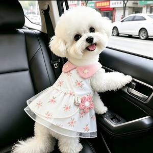 화이트 핑크 벚꽃 프린트 반려동물 드레스, 작은 꽃 장식이 있는 핑크 라펠 강아지 스커트, 탈부착식 코바늘 꽃 크로스백, 소형견 고양이용 여름 귀여운 공주풍 강아지 옷