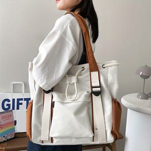 여성용 대용량 나일론 토트 핸드백 블랙 화이트 브라운 패치워크 숄더백 캐주얼 여행 쇼핑 지갑 학생 학교 크로스바디 백