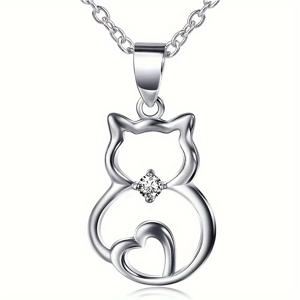 우아한 고양이 펜던트 목걸이, 하트 모양 합성 지르코니아 & 매력 - 4월 탄생석 여성용 주얼리 선물, 발렌타인데이, 생일, 캐주얼 복장, 광택 메탈 마감