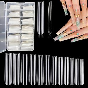 502PCS 투명 사각형 엑스트라 롱 3XL 네일 팁, 풀 커버 프레스 온 네일, 네일 살롱 및 DIY용, 발레 관 스타일 12 사이즈, 퓨어 컬러 글로시 페이크 네일