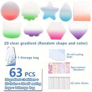 2D 평면, 63개/세트 글리터 그라데이션 아크릴 키체인 블랭크, 투명 글리터 장식품 블랭크, 그라데이션 열쇠고리 블랭크 (랜덤 모양), DIY 키체인 비닐 공예용 체인 포함 열쇠고리