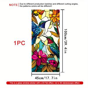 1롤 2D 벌새와 화려한 꽃 창문 필름, 45×100cm, 무광 PVC 소재, 정전기 접착식 장식 스티커, 집, 사무실, 거실, 욕실, 주방 및 문 & 창문용 비접착 유리 필름