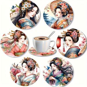 6개입 우아한 일본 스타일 나무 코스터 - 전통적인 기사(芸者)와 벚꽃 디자인, 주방, 레스토랑, 차, 커피 또는 사케 사용에 이상적 | 친구 및 가족을 위한 완벽한 선물, 기사(芸者) 테마 추가