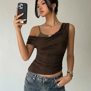Y2K 여성용 패션 메쉬 티셔츠, 2-in-1 룩 탱크탑, 비대칭 오프숄더 넥라인과 밑단 디자인, 파티, 모임, 데일리웨어에 적합, 신축성 있는 원단, 기계 세탁 가능