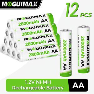MOGUIMAX AA 2800mAh Ni-Mh 충전식 배터리 12개입, 장난감, 마이크, MP3 플레이어, 휴대폰, 리모컨 자동차, LED 손전등에 적합 – 대용량 가정용 배터리