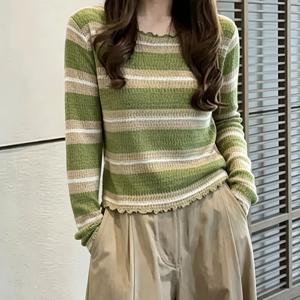 여성 우드 이어 엣지 긴팔 스웨터, 봄/가을 신상, 가을 초중기 착용에 적합, 세탁기 사용 가능, 다용도 라운드넥 한국 스타일 베이스 셔츠 탑, 청바지, 캐주얼 바지와 매치 가능