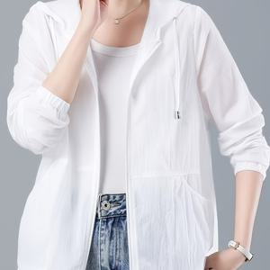 여름 아이스 섬유 원단 쿨링 탑 여성용 경량 통기성 루즈핏 올매치 아웃도어 탑, 루즈핏 여름 경량 통기성 화이트 후드 재킷, 출퇴근 캐주얼 올매치 탑 여성용 얇은 후드 재킷