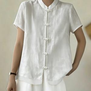 AMNFUIL 여성용 중국식 치파오 셔츠, 스탠드 칼라 만다린 버튼 플래킷 반소매 블ouses 상의, 캐주얼 및 전통 의상용 기계 세탁 가능 앞단추 셔츠