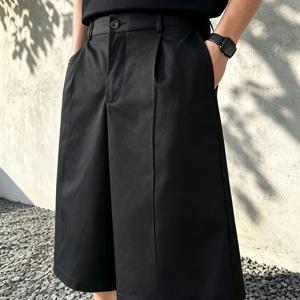 남성용 솔리드 컬러 반신축 허리 단일 주름 반바지 / 남성 여름 데일리 웨어 트렌디 반바지