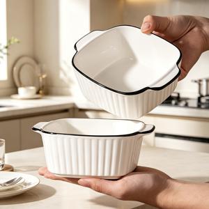 이중 손잡이 볼 2개/4개 세트, 13oz 세라믹 베이킹 접시, 과일 그릇, 견과류 및 스낵 그릇, 도자기 크레me 브륄레 라메킨, 푸딩 및 カスター드 컵, 수플레 베이킹 접시, 전자레인지 및 식기세척기 사용 가능. 가족 저녁 식사, 주방 및 다이닝용 / 결혼식 및 기념일 선물용으로 적합