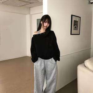 여성용 리벳 아сим메트리 오프숄더 루즈핏 스웨트셔츠, 부드럽고 편안한 Y2K 스트리트웨어 탑