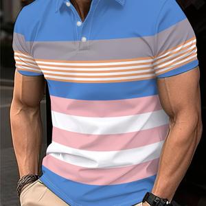 [프린팅 디자인 – 무질감] - 남성용 넓고 좁은 줄무늬 프린팅 캐주얼 반팔 라펠 셔츠