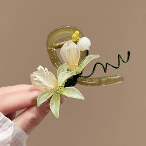 새로운 중국 스타일 난초 머리핀, 그라데이션 열수축 꽃 올리브 그린 헤드피스, 산뜻한 모란디 스타일 올림머리 헤어 클립, 여성 봄 여름 외출, 데일리, 한푸 헤어 액세서리