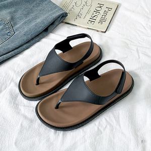 여성용 플랫 슬리퍼 신상 레트로 토 포스트 백 스트랩 스타일 T-스트랩 샌들, 벨크로 클로저 출퇴근 해변 올매치 플랫 T-스트랩 슬리퍼, 여성 신발