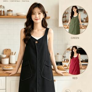 단추 색상은 랜덤 배송/부드러운 소재의 팔이 없는 앞가슴 슬릿 단추 디자인 앞면 앞가슴 슬릿 단추가 달린 넓은 어깨끈 앞치마, 내장형 대형 주머니 포함. 주방 요리, 베이킹, 꽃꽂이, 카페 업무, 공예 스튜디오, 가정 청소 작업 시 착용하기 적합. 빈티지 스타일, 단색, 내구성 좋고 통기성 좋은 1개 드레스 앞치마, 여성을 위한 선물용으로 이상적