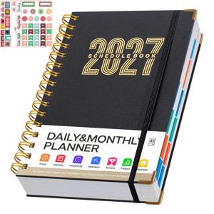 하드커버 이사 노트, 5개 계획 스티커 포함 2027년 월간 플래너 학술 액자 정리, 스프링 제본 다기능 월간 스케줄 북 (학생 사무실 및 비즈니스용), 데일리 플래닝에 적합