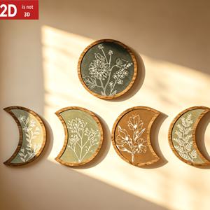 2D 평면, 모던 히피 벽 장식 5개 세트 - 달 모양 식물 목재 패널, 가정, 시골집, 거실, 사무실용 | 정교한 꽃무늬 인조목 프레임리스 걸이형 간판 | 집들이, 바를 위한 선물, 2D 평면