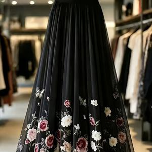 봄 가을 여성용 우아한 프린트 미디 A라인 쉬폰 스커트, 휴가복, 파티 연회복, 생일복, 결혼식 하객복, 부활절복, 카니발복, 크리스마스복, 발렌타인데이복, 휴일복, 길거리 외출, 출퇴근, 모임 및 사교 모임에 적합, 사계절용, 여성 의류