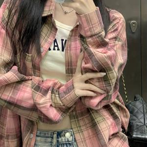 브라이트닝 매트 핑크 체크 롱 슬리브 루즈 셔츠, 봄/가을 긴팔 폴로 칼라 블라우스, 패셔너블하고 시크한 노화 방지 루즈 긴팔 셔츠 탑