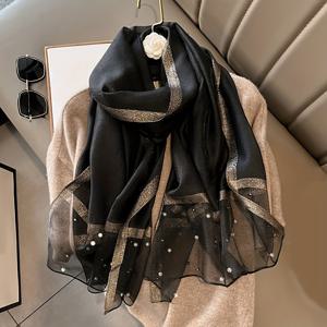 1개 190 X 70Cm 인조 진주 장식 쉬폰 스카프 우아한 모조 숄 반짝이는 컬러 블록 헤드 스카프 여성용 헤드 스카프