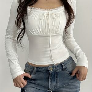 모노크롬 대비 레이스 티셔츠, Y2K 리본 프론트 플리츠 긴팔 티셔츠, 가을 겨울용 여성 의류, 귀여운/매혹적인 스타일