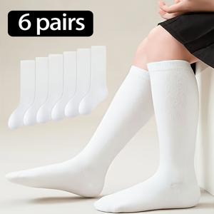여아용 미드 튜브 양말 6켤레, 블랙 앤 화이트 양말 - 단색, 통기성, 편안함, 슬림핏, 학원 스타일 종아리 양말