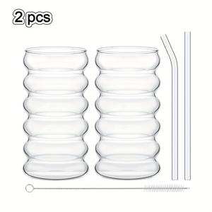 2/6개입 420ml/14oz 골지 유리 음료컵 (브러쉬 및 빨대 포함), 빈티지 일본 스타일 물결 버블 컵, 커피, 차, 주스, 마치, 스무디 음료에 적합