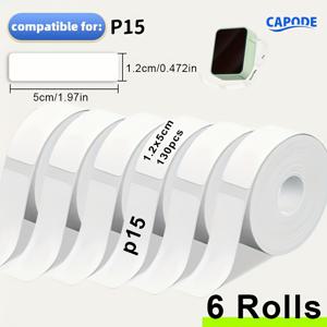 CAPODE 6롤 P15 연속 스티커 - P15 라벨러 호환, 12x50mm (0.472x1.97인치), 롤당 130매, 사무실/포장/재고 관리용, P15 접착 라벨, 간편 라벨링, 매끄러운 표면, 홈 오거나이저, 라벨, 내구성 강한 접착제, 공예 용품 정리용