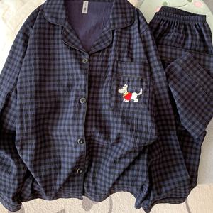 재고 보유 고품질 봄/여름 여성용 만화 파자마, 봄/가을 긴소매 긴바지 세트, 귀여운 만화 체크무늬 가디건 포함 2피스 라운지웨어, 편안하고 야외 활동용으로 적합