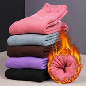 여성용 겨울 양말 5켤레, 보온 테리 천 타월 양말, 두껍고 플러시한 중목 양말, 한국 스타일 가을/겨울 테리 천 바닥 양말, 여성용 긴 양말, 트렌디함