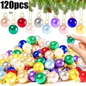 120개 미니 크리스마스 장식 비즈, 12mm 반짝이는 볼, 크리스마스 트리 장식 및 펜던트, 공예 용품, 랜덤 10가지 색상 - 진주처럼 보이는 외관, 레드 그린 골든, 레트로 플라스틱 볼 (링 포함)