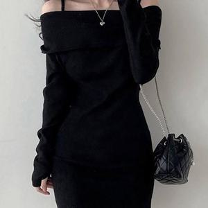 여성 춘추동계절 미니스커트 오프숄더 원피스 캐주얼 통근 홀터넥 긴팔 솔리드 심플 슬림핏 슬림소녀