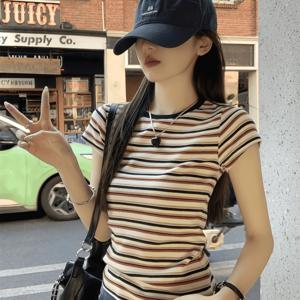여성용 여름 라운드넥 반팔 티셔츠, 슬림핏 보디콘 허리라인 강조 베이스 레이어 탑, 핫 스타일 활용도 높은 키가 작은 체형을 위한 크롭 티셔츠