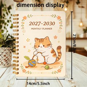 2027-2030 월간 플래너, A5 사이즈, 고품질 종이 124페이지, 그라데이션 색상 내지 페이지, 만화 고양이 테마 표지, 다기능 4년 플래너 노트북, 달력 레이아웃이 내장된 스파이럴 제본 데일리 플래너, 지출 관리, 소원 기록, 목표 설정, 인생의 순간 기록에 이상적, 다양한 상황에 적합, 개인용 또는 선물용으로 완벽