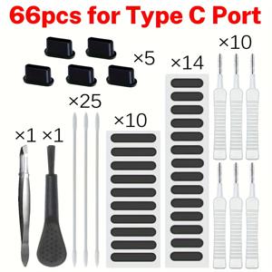 66개 범용 휴대폰 청소 키트, 스피커 먼지 메쉬 스티커 타입 C 충전 포트 먼지 플러그, 핀셋 포함, 아이폰 삼성 안드로이드용, 이어폰 잭 커버 세트