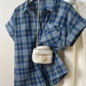 여성용 홍콩 스타일 빈티지 블루 체크 무늬 반팔 셔츠, 새로운 여름 캐주얼 루즈핏 활용도 높은 블라우스