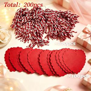 200개 빨간색 하트 모양 카드 스톡 (빨간색 하트 카드 100개 및 황마 끈 100개), 발렌타인데이 하트 인사말 카드, 하트 모양 라벨 스티커, 빈 하트 카드, 하트 모양 걸이 태그, 하트 모양 라벨