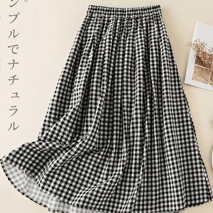 일본 레트로 블랙 앤 화이트 체크 롱 스커트, 탄성 허리 플로이 A라인 우산 스커트