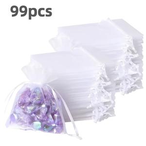 99개입 10*15cm(3.94*5.91인치) 흰색 통기성 메쉬 오간자 가방, 투명 巾끈 주머니, 결혼식 답례품, 주얼리 포장, 명절 선물, 화장품용으로 적합 - 리본이 달린 다용도 선물 가방, 할로윈, 크리스마스