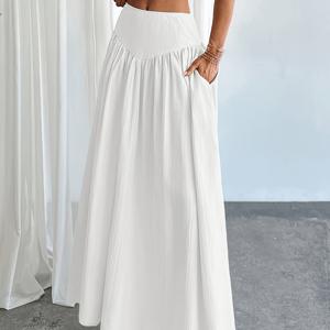 여성용 허리 슬림핏 주름 플레어 스커트, 단색 포켓 포함, 편안하고 활용도 높으며 우아함, 캐주얼한 데일리웨어와 스타일리시한 출퇴근용으로 적합, 사계절용