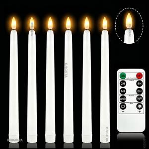 리모컨, 타이머, 밝기 조절 기능이 있는 무화염 LED 테이퍼 캔들 6개 팩, 3D 깜박이는 불꽃과 AAA 배터리 2개로 작동하는 긴 막대 촛대, 사실적인 따뜻한 백색광, 가정 장식, 추수감사절, 새해, 밸런타인데이, 크리스마스, 파티, 할로윈, 창문, 결혼식, 저녁 분위기 & 휴일 기념용 무화염 전기 촛대 (배터리 미포함)